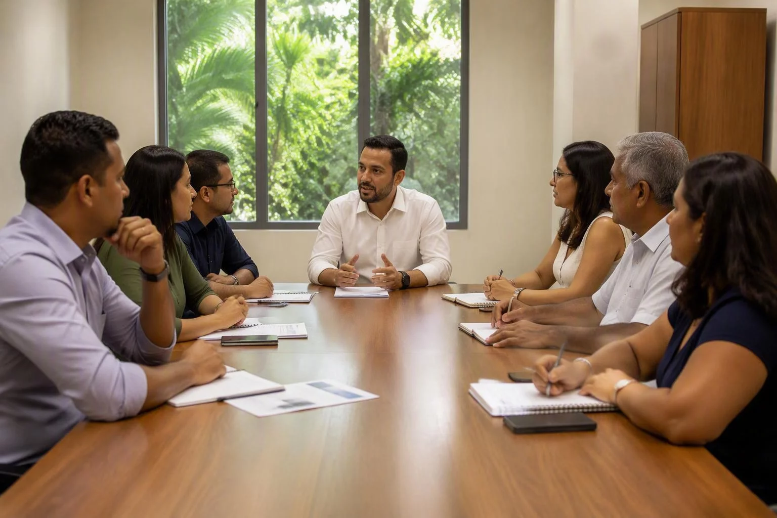 Duas equipes sentadas lado a lado numa sala de reunião comprida