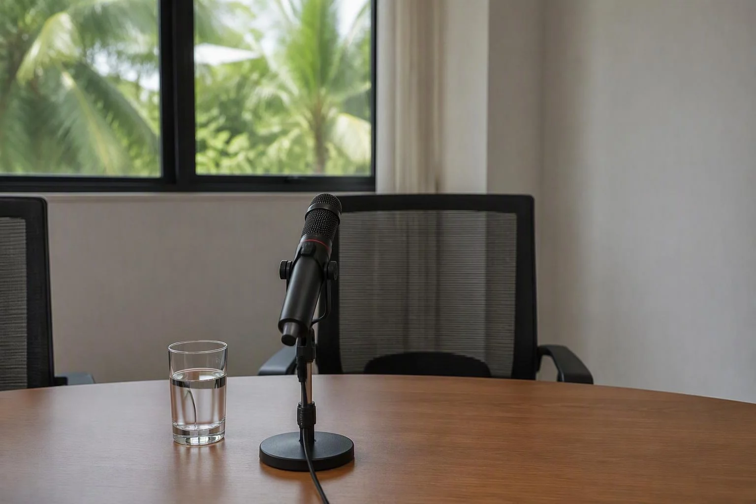 Microfone de mesa diante de uma cadeira vazia em sala de reunião